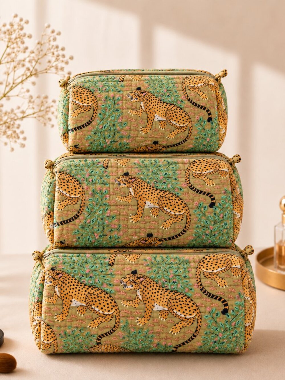 Set of 3 Olive Sage Leopard Print Cosmetic Bag Quilted Cotton Toiletry Pouch